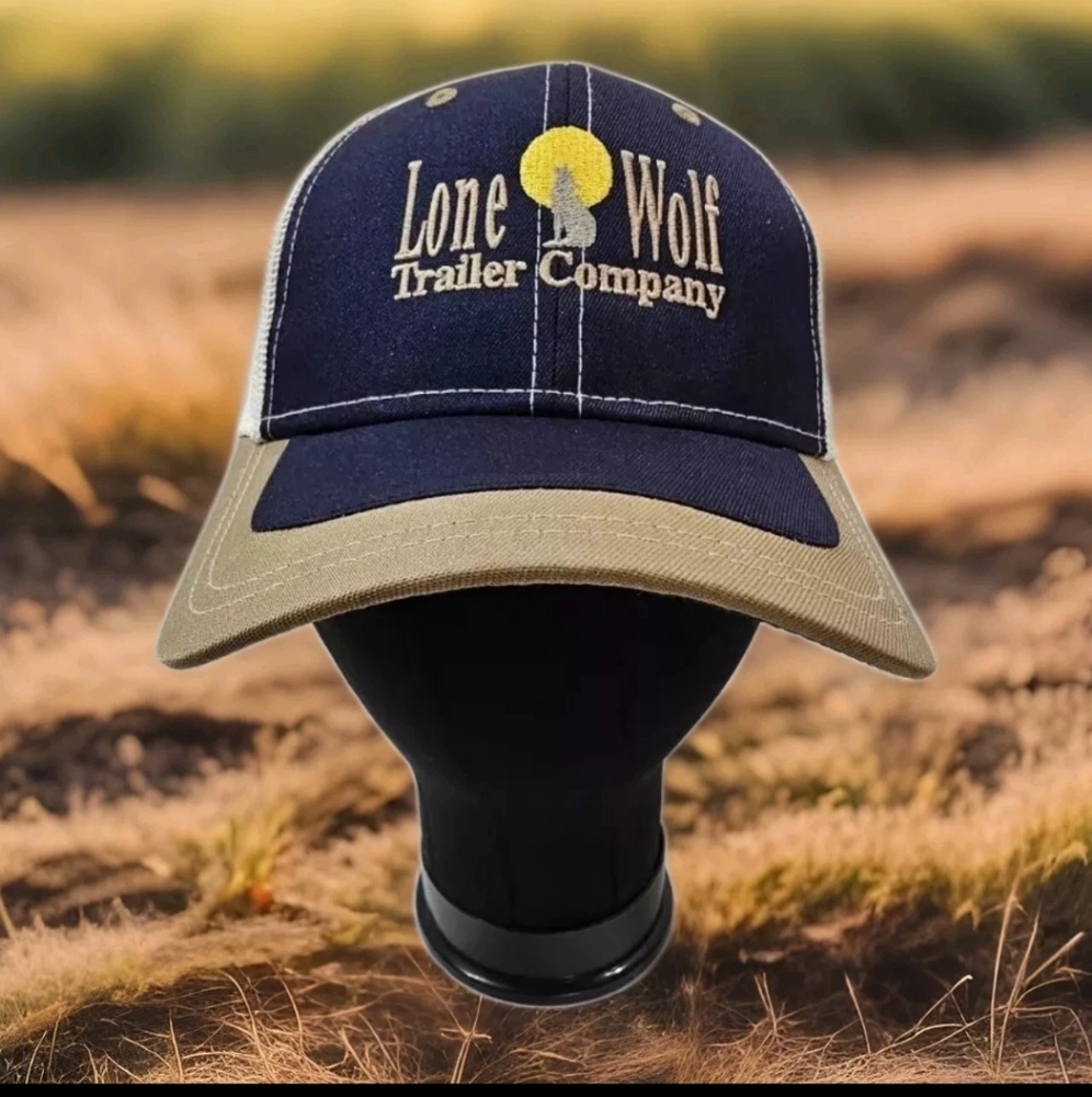 Lone Wolf Trailer Company Embroidered Navy Khaki White Mesh Adjustable Cap EUC